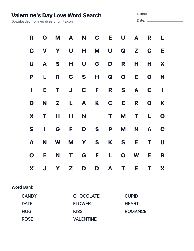 Valentine's Day Love Word Search