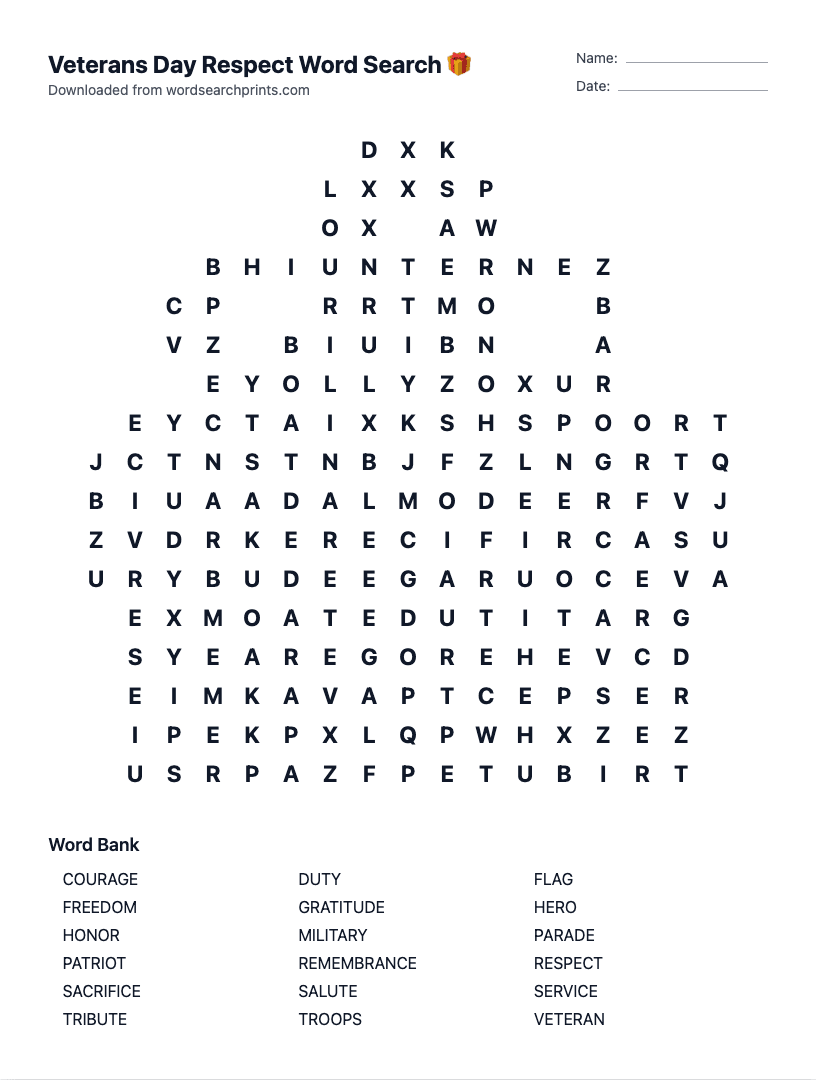 Veterans Day Respect Word Search