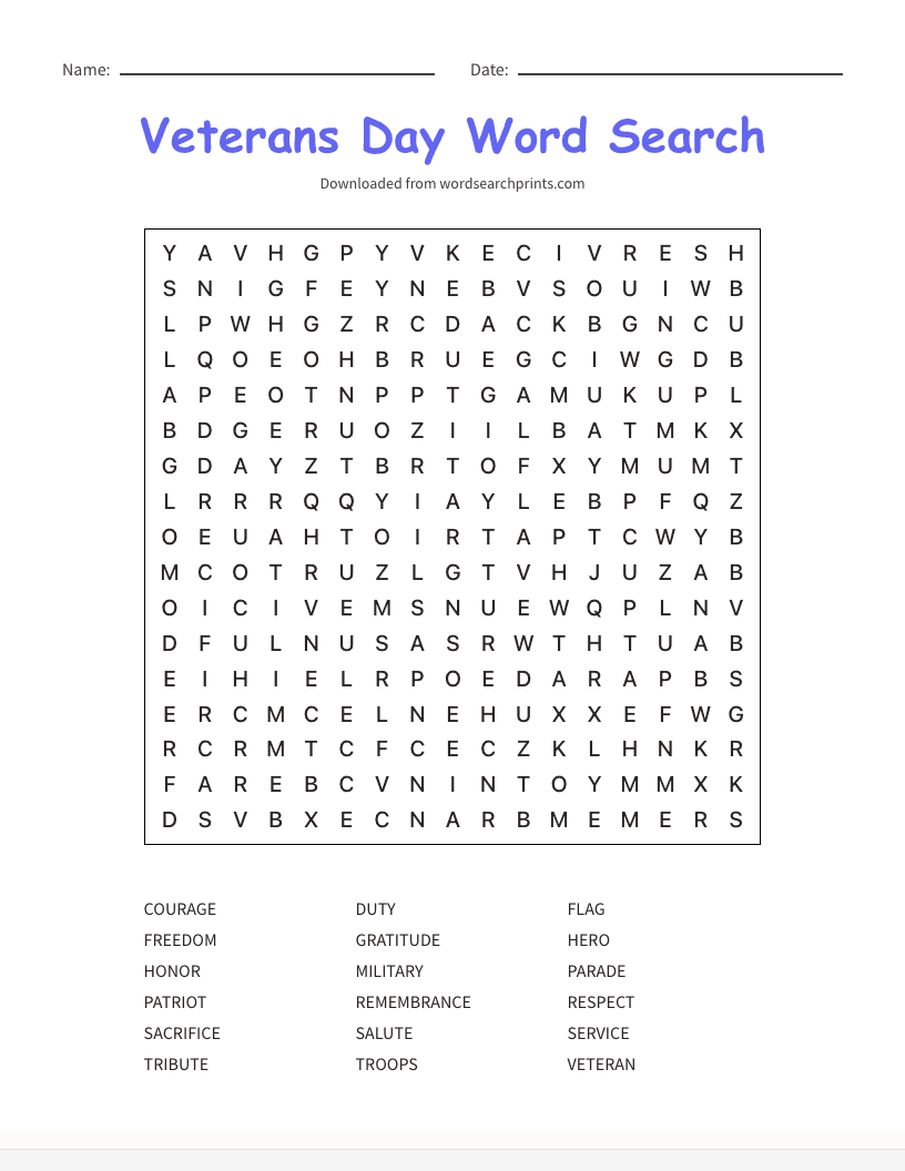 Veterans Day Word Search