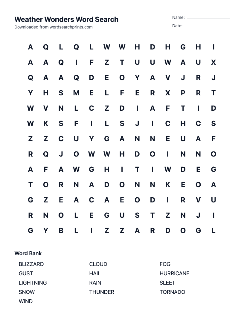 Weather Wonders Word Search