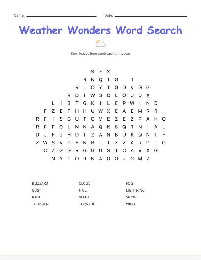 Printable weather themed morning work word search puzzle