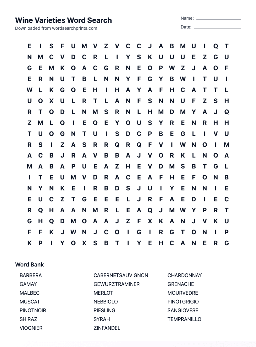 Wine Varieties Word Search