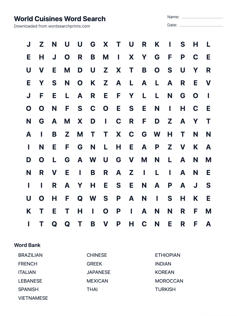 World Cuisines Word Search