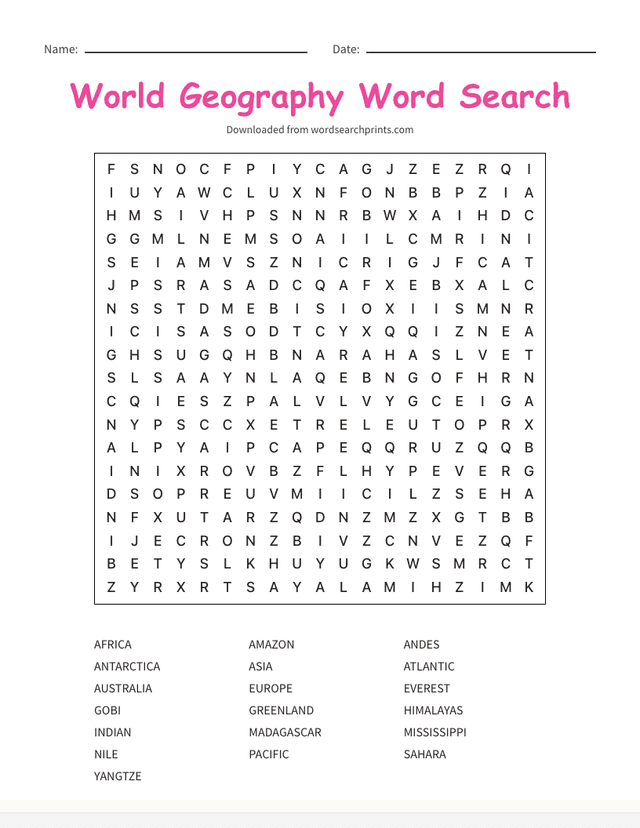 Printable world geography word search puzzle