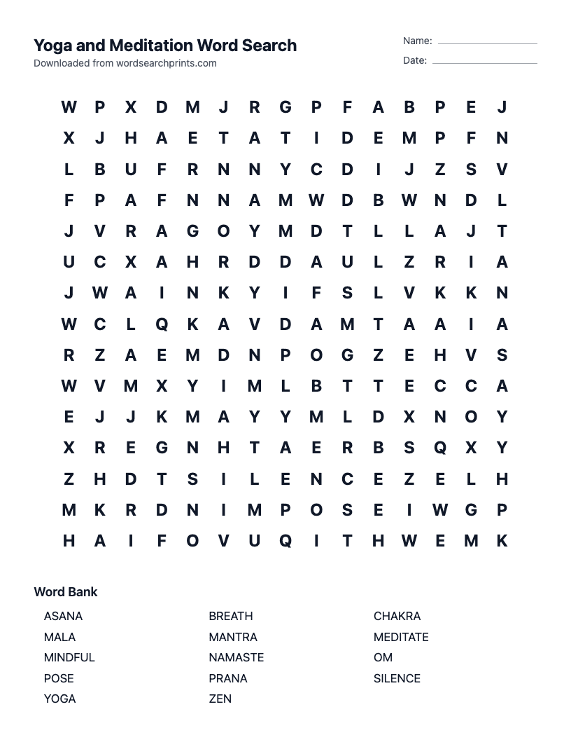 Yoga and Meditation Word Search