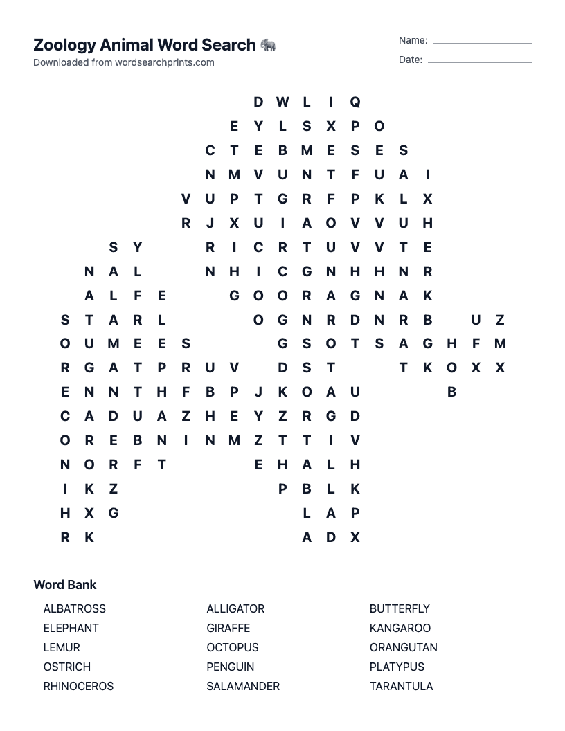 Zoology Animal Word Search