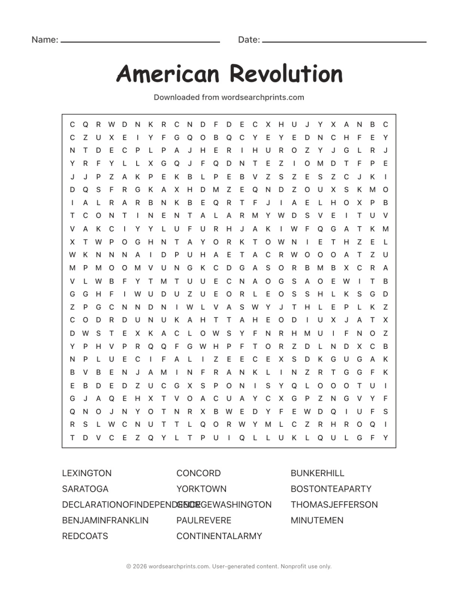 American Revolution Word Search printable worksheet preview
