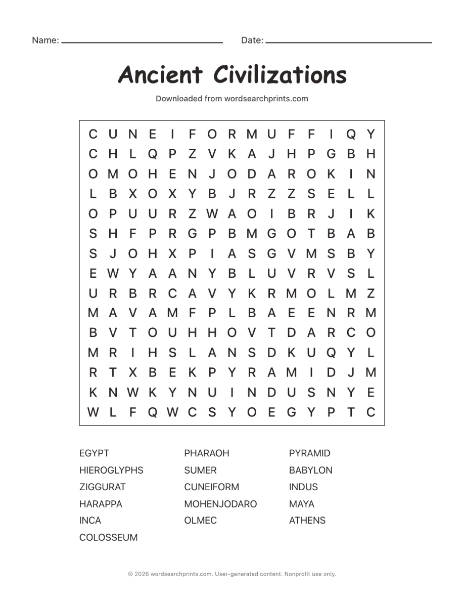 Ancient Civilizations Word Search printable worksheet preview