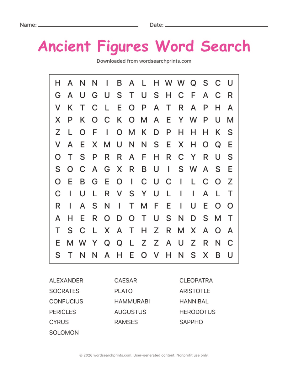 Ancient Figures Word Search printable worksheet preview