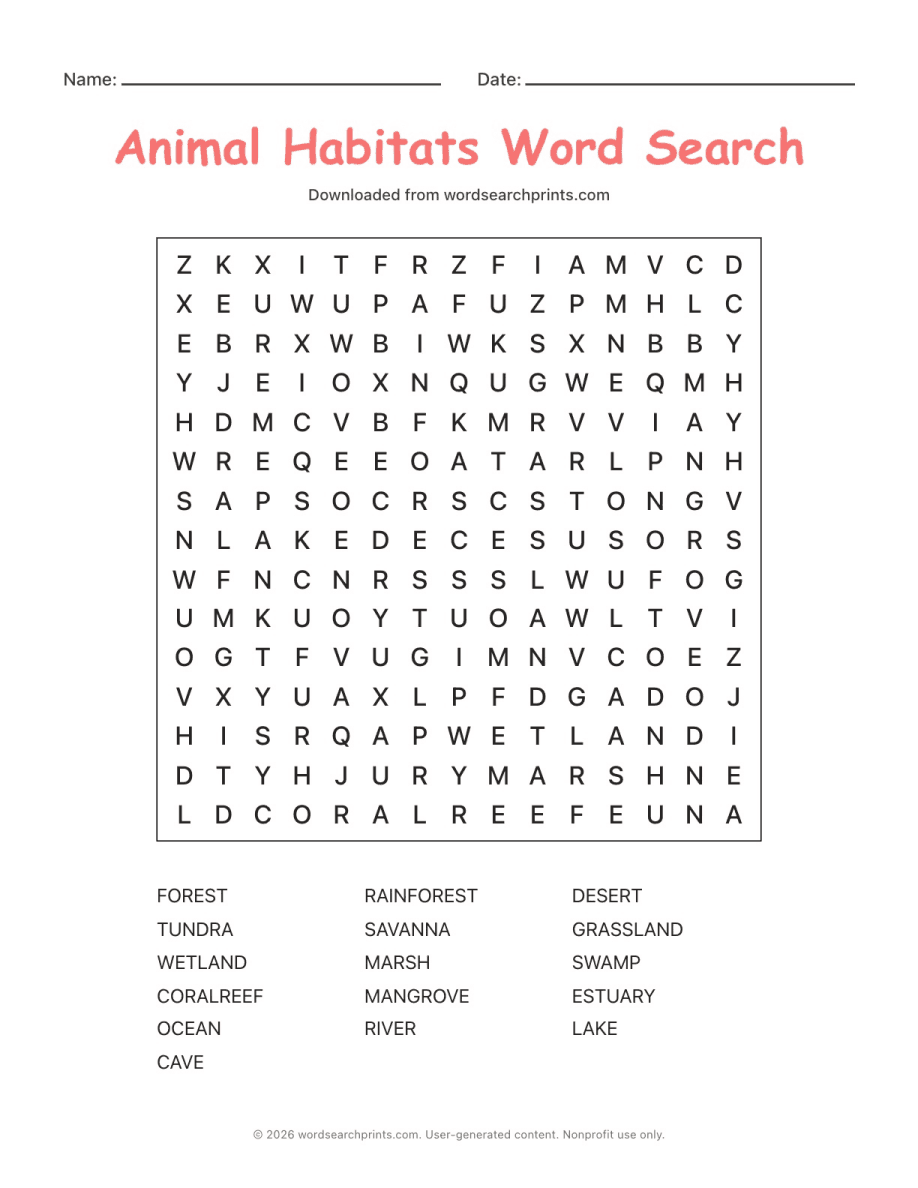 Animal Habitats Word Search printable worksheet preview