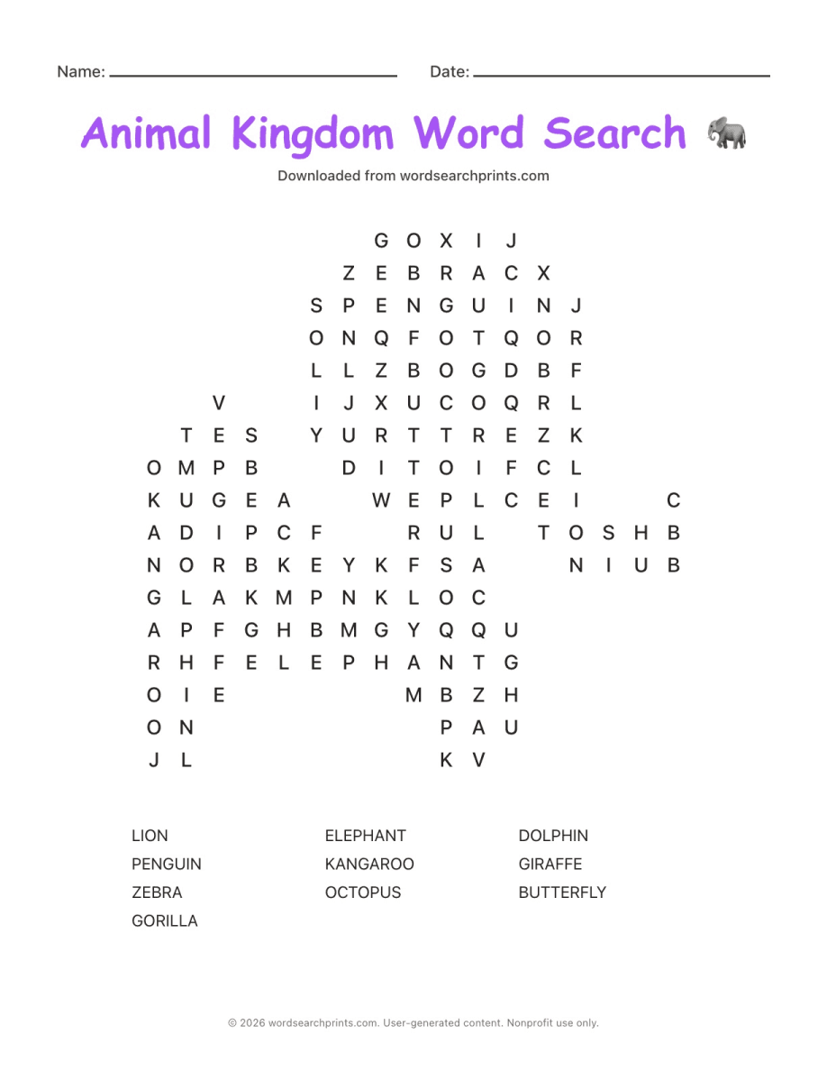 Animal Kingdom Word Search printable worksheet preview