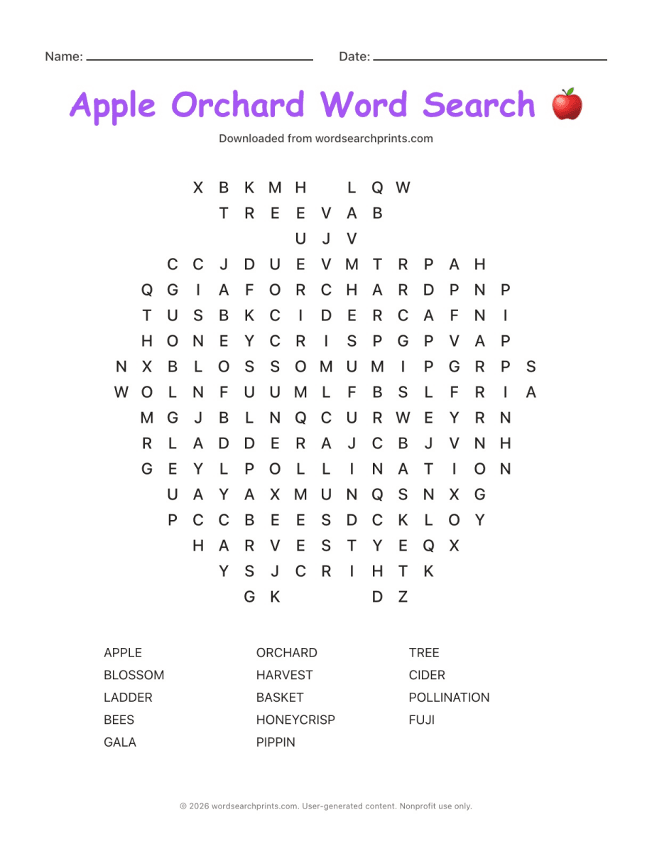 Apple Orchard Word Search printable worksheet preview