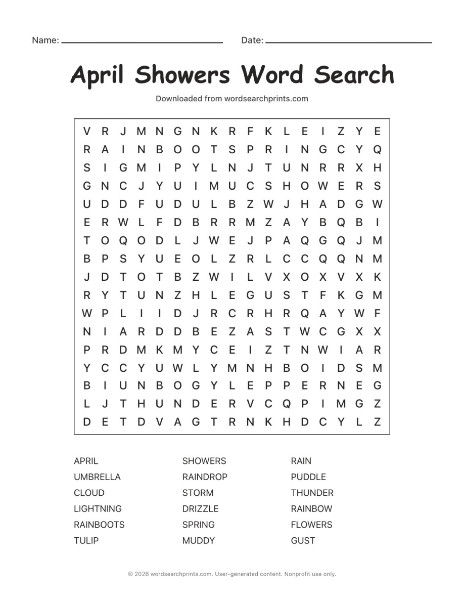 April Showers Word Search printable worksheet preview