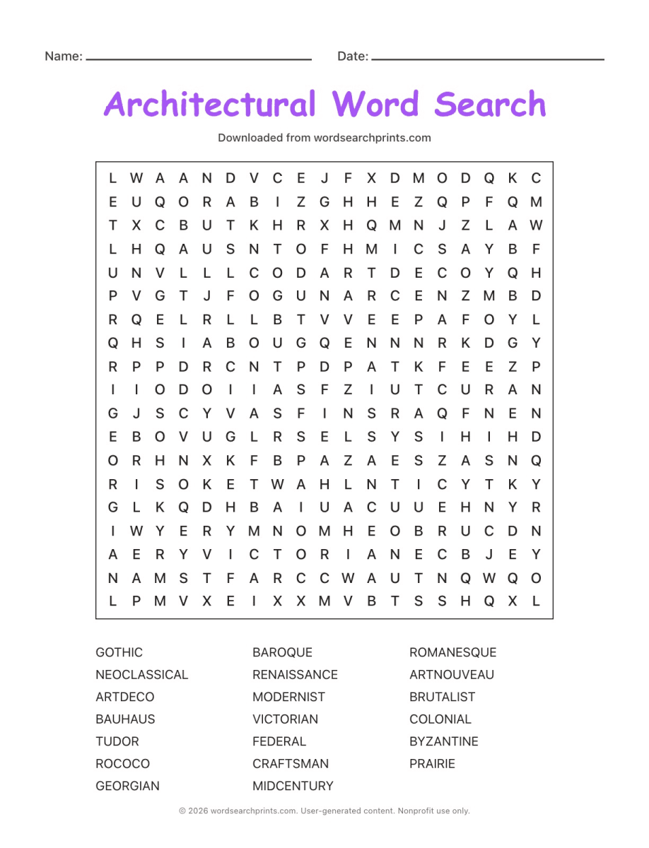 Architectural Word Search printable worksheet preview