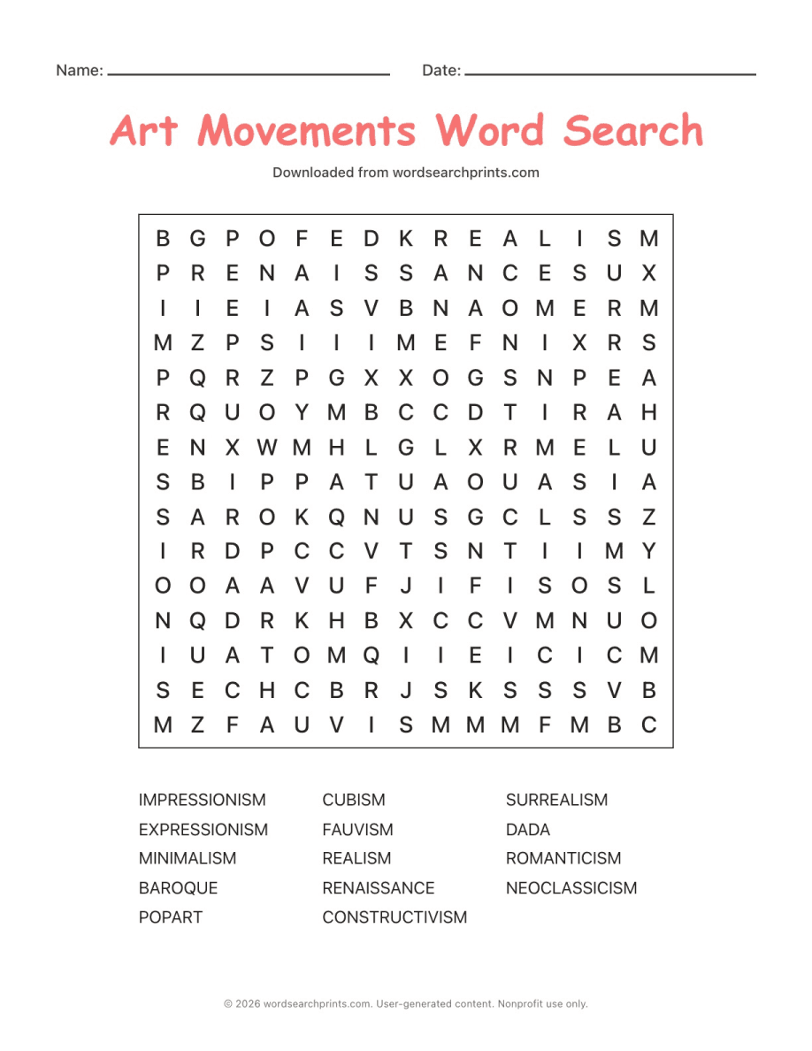 Art Movements Word Search printable worksheet preview