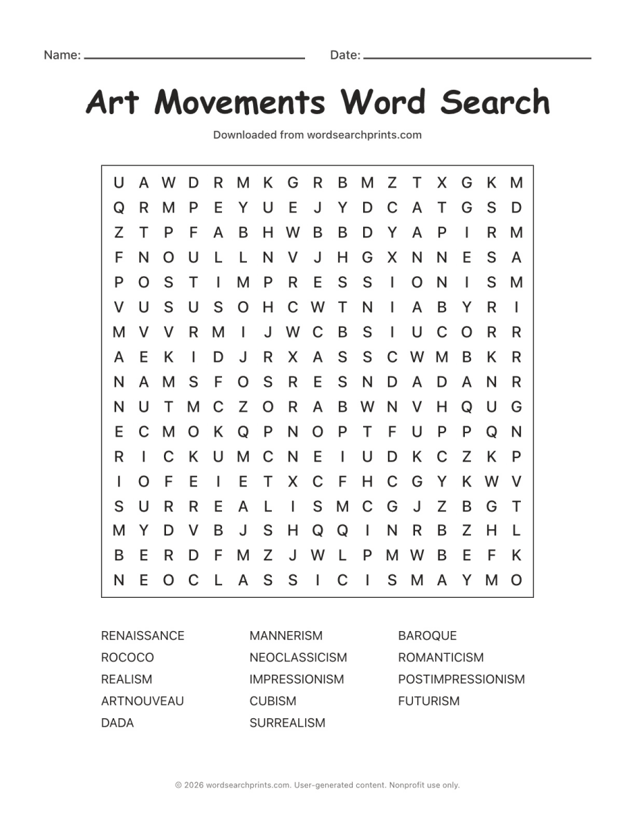 Art Movements Word Search printable worksheet preview