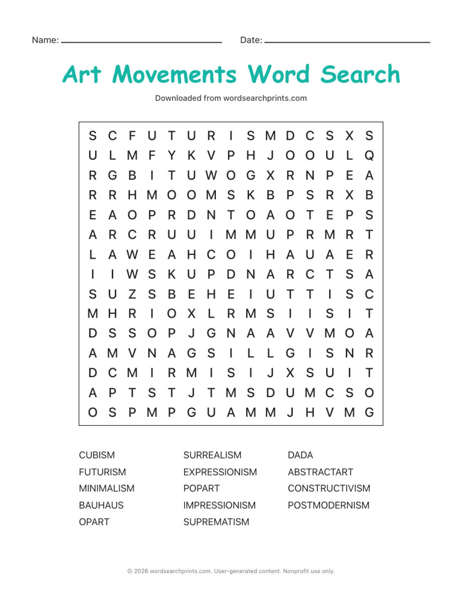 Art Movements Word Search printable worksheet preview