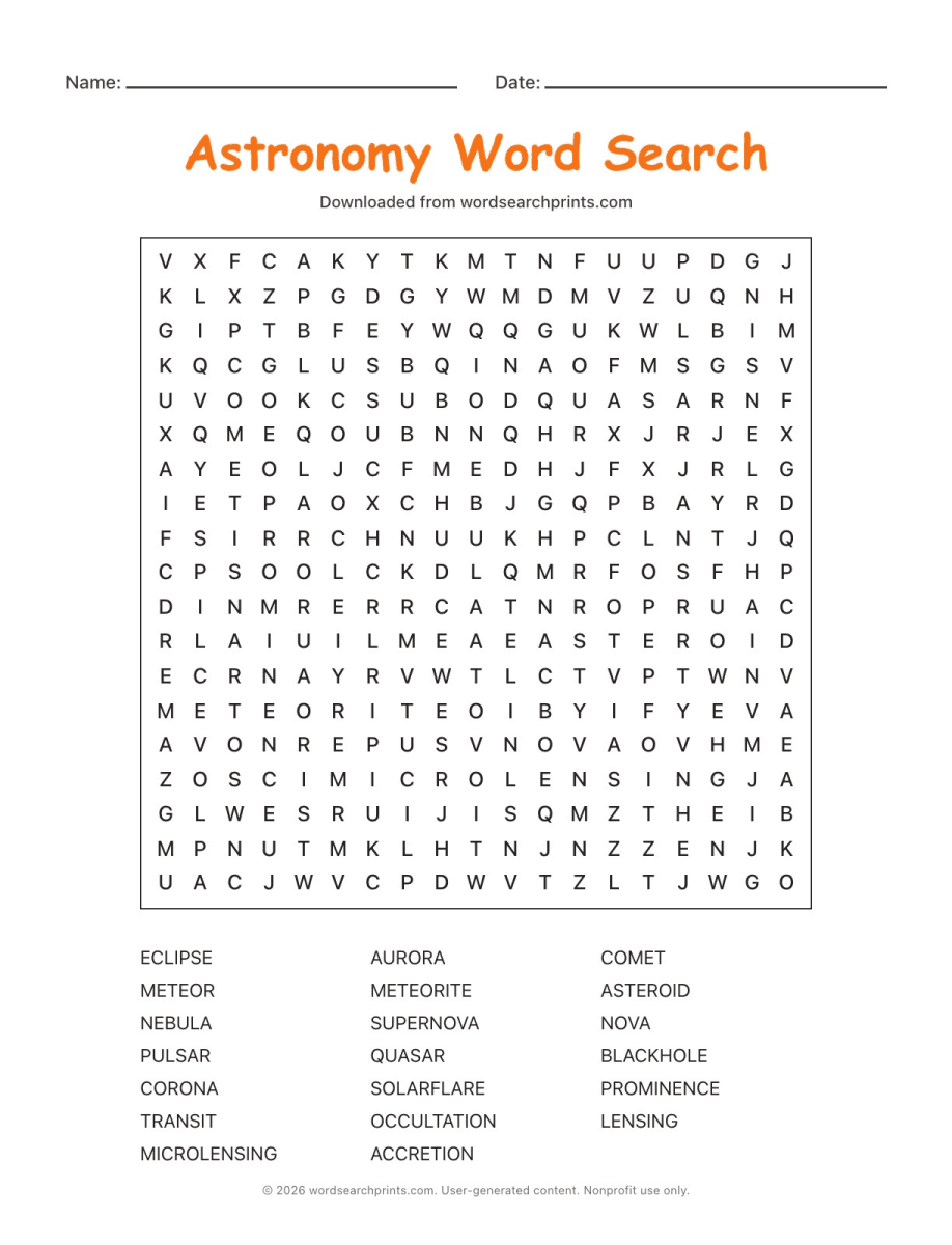 Astronomy Word Search printable worksheet preview