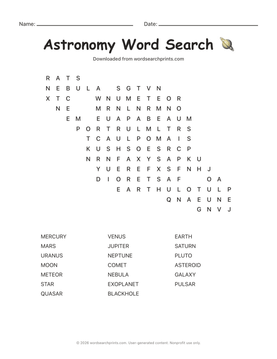 Astronomy Word Search printable worksheet preview