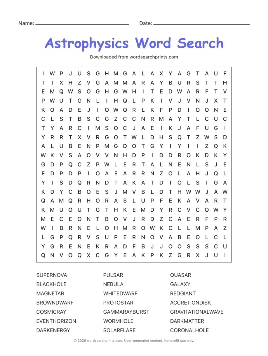 Astrophysics Word Search printable worksheet preview