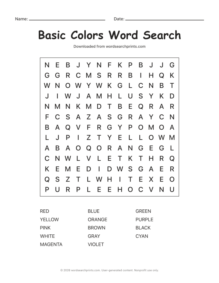 Basic Colors Word Search printable worksheet preview