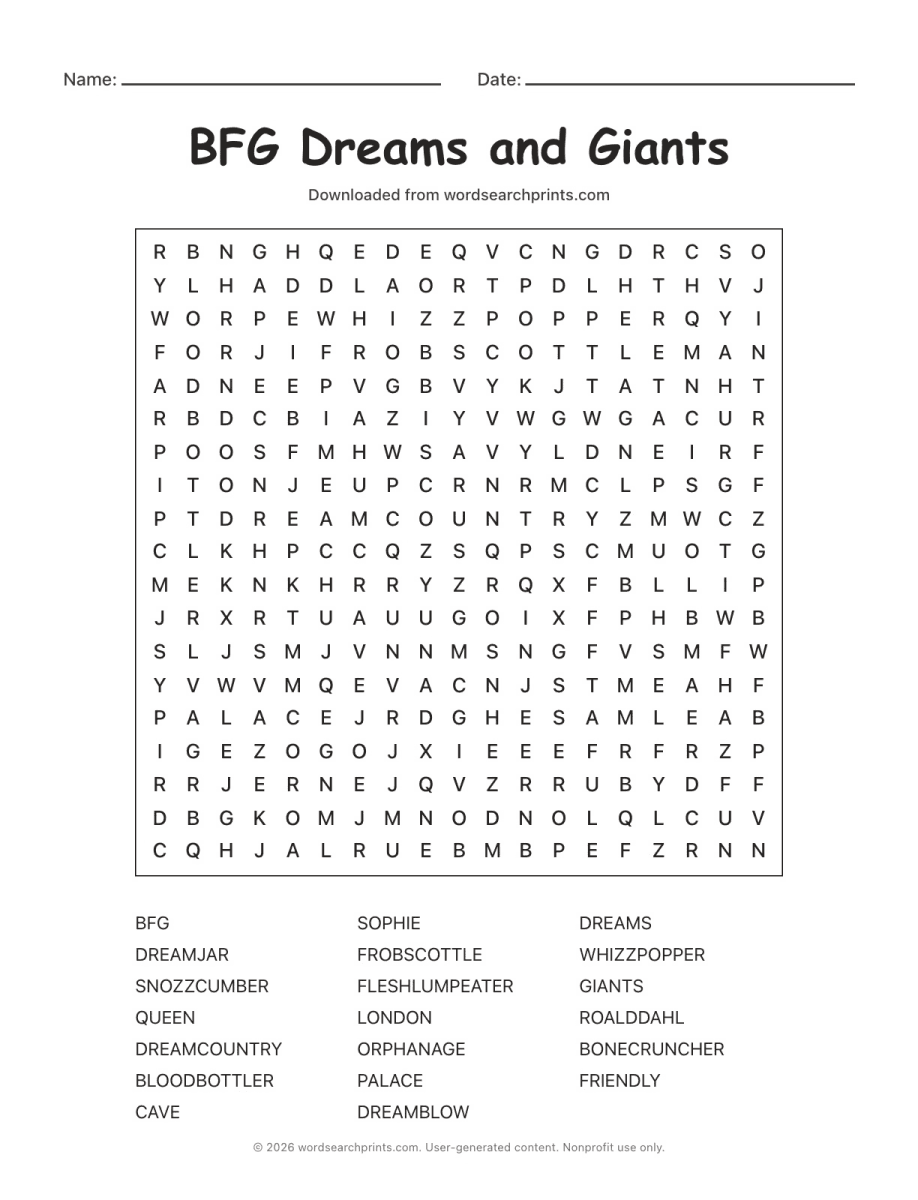BFG Dreams and Giants Word Search printable worksheet preview