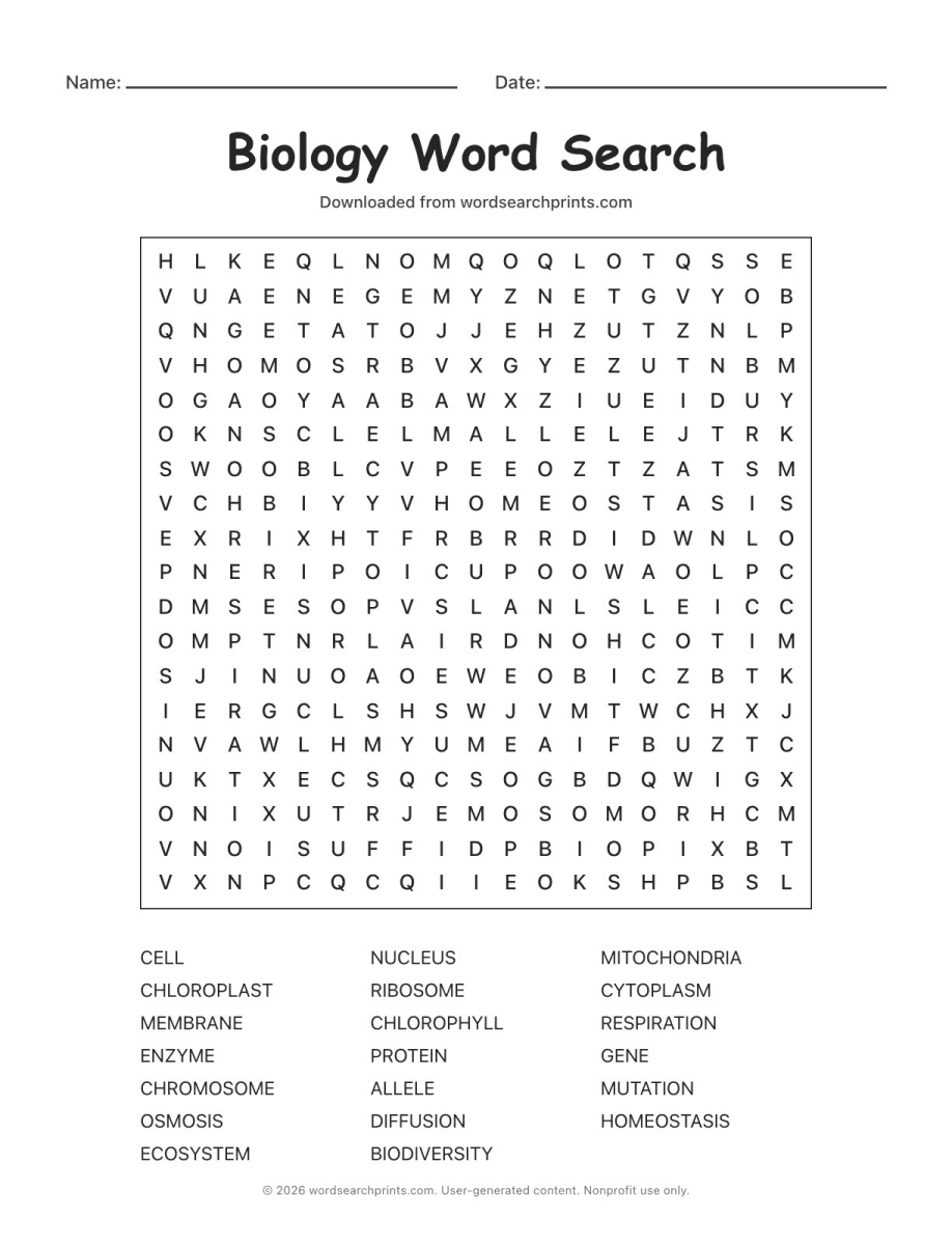 Biology Word Search printable worksheet preview