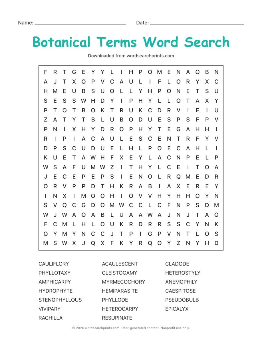 Botanical Terms Word Search printable worksheet preview