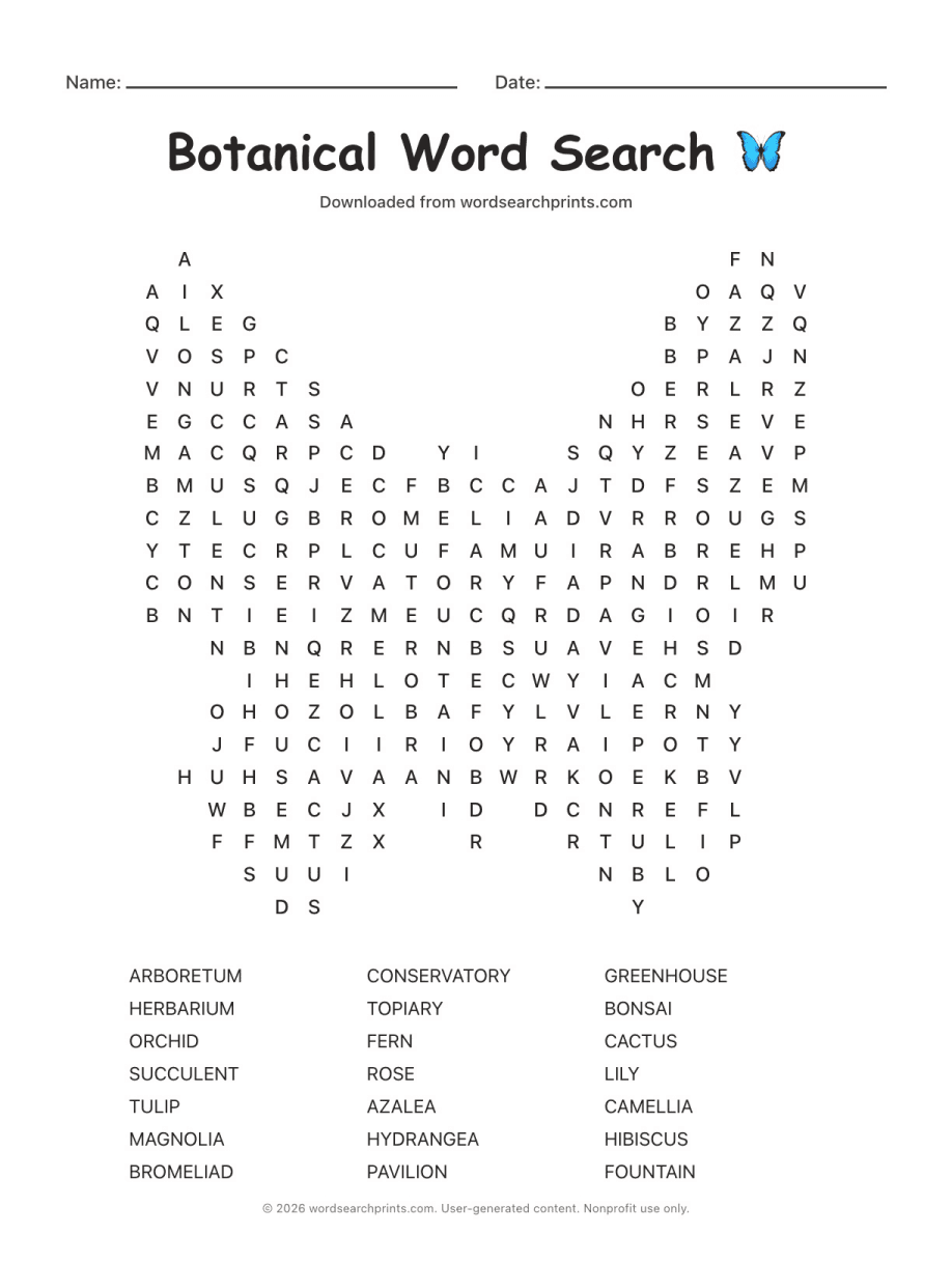 Botanical Word Search printable worksheet preview