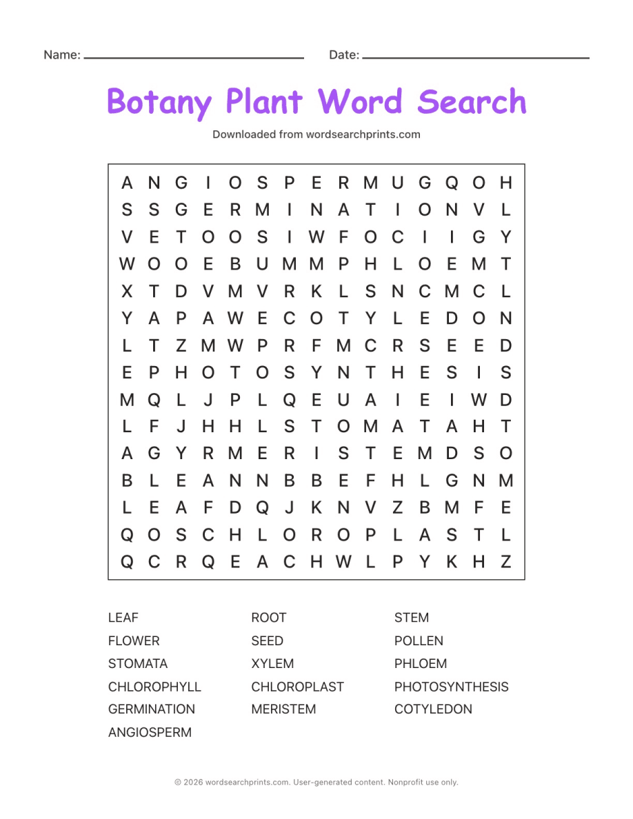 Botany Plant Word Search printable worksheet preview