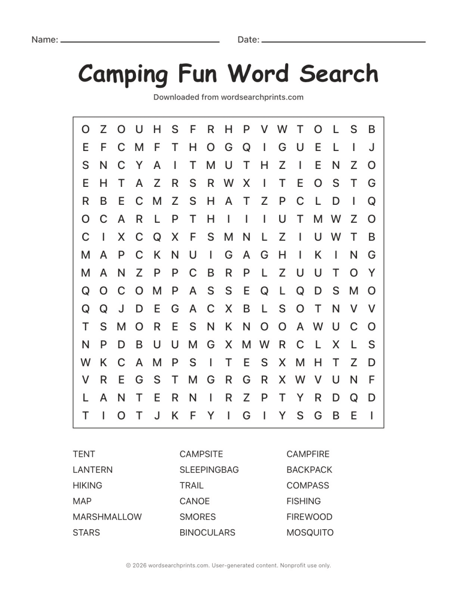 Camping Fun Word Search printable worksheet preview