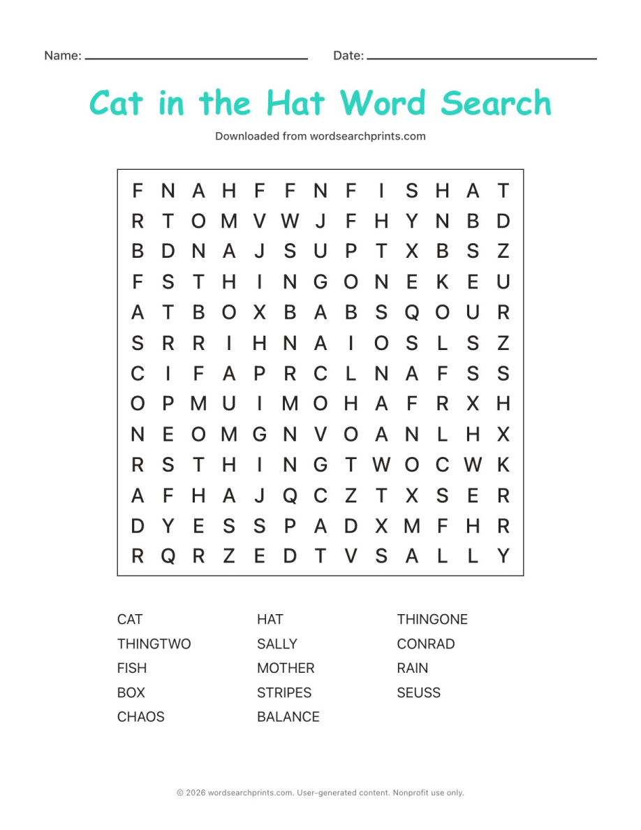 Cat in the Hat Word Search printable worksheet preview