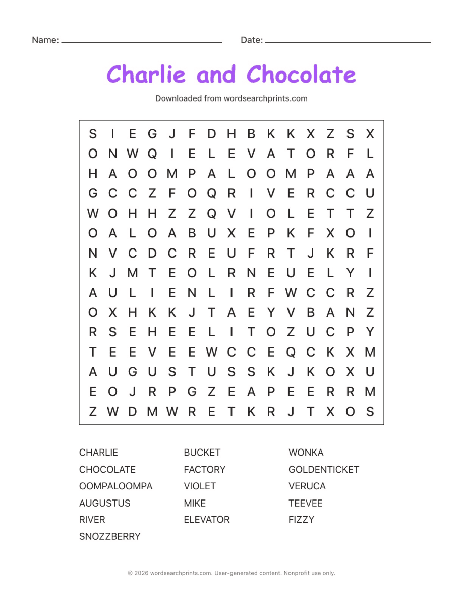 Charlie and Chocolate Word Search printable worksheet preview