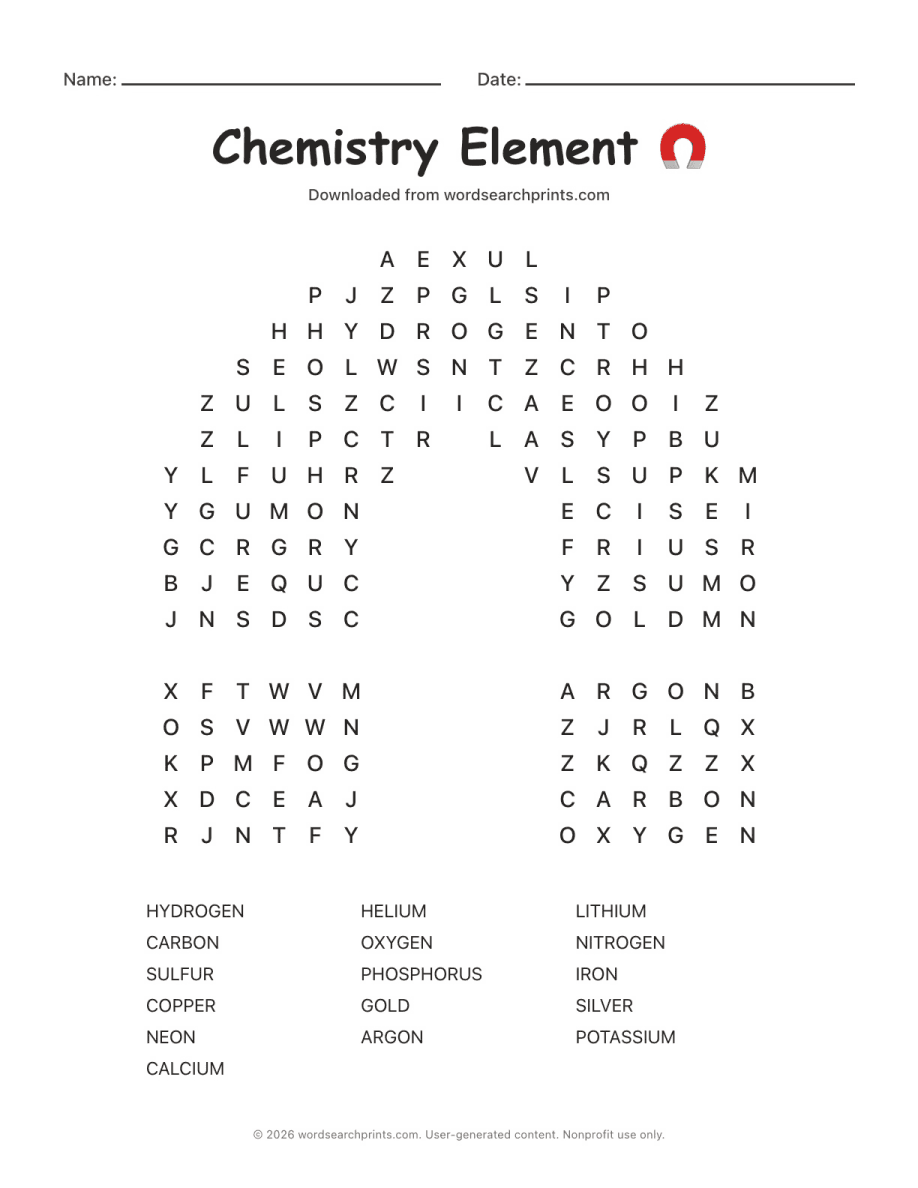 Chemistry Element Word Search printable worksheet preview