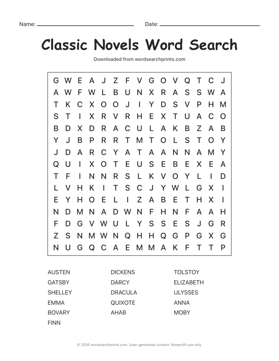 Classic Novels Word Search printable worksheet preview