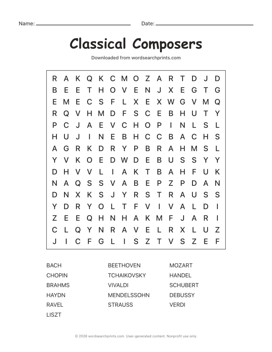 Classical Composers Word Search printable worksheet preview