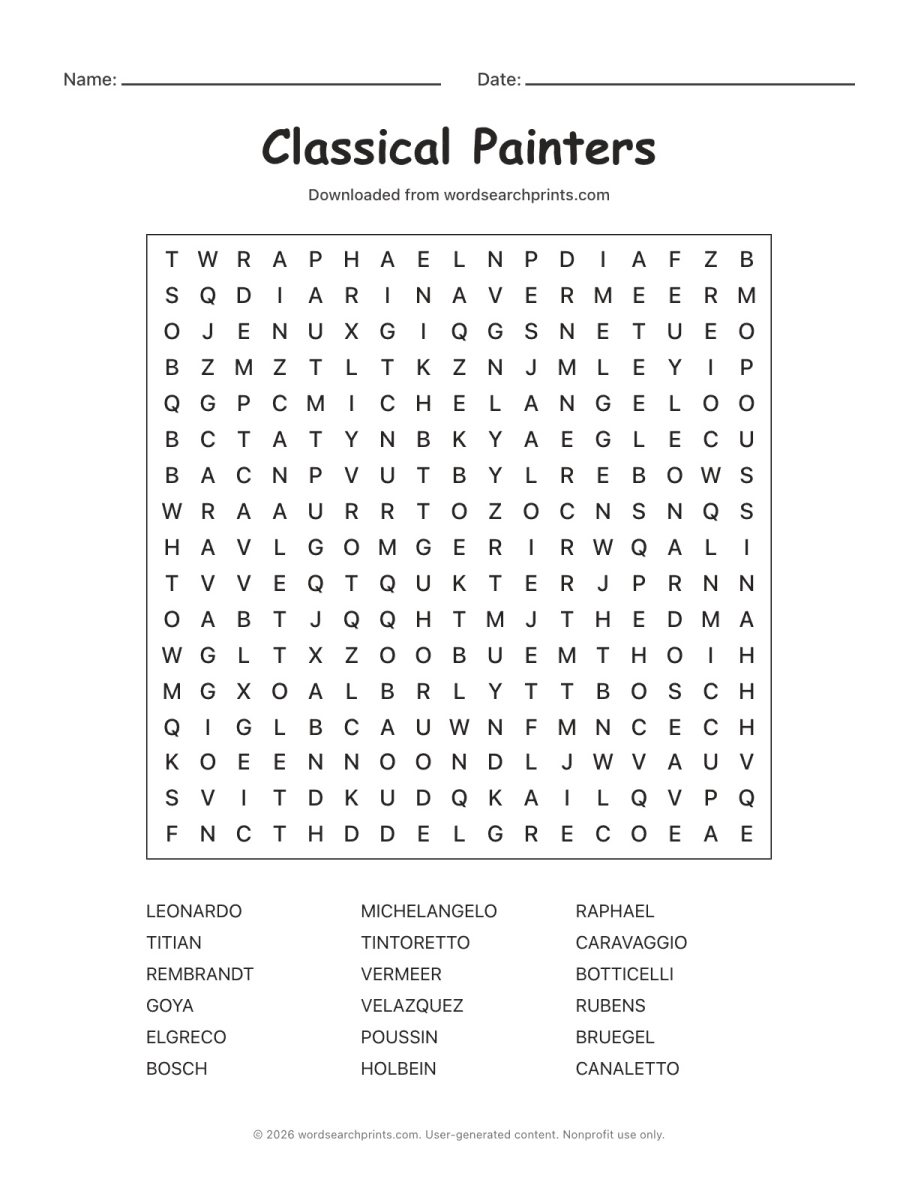 Classical Painters Word Search printable worksheet preview