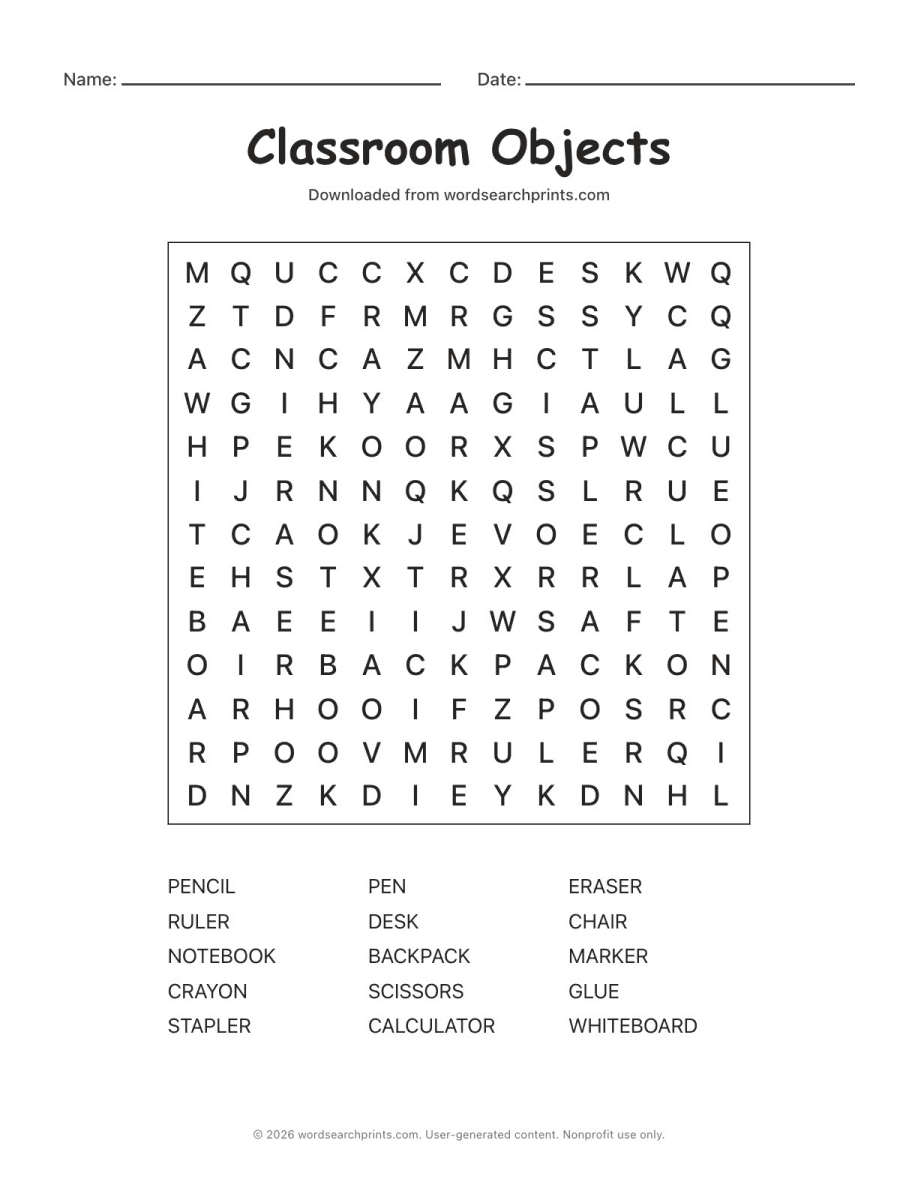 Classroom Objects Word Search printable worksheet preview
