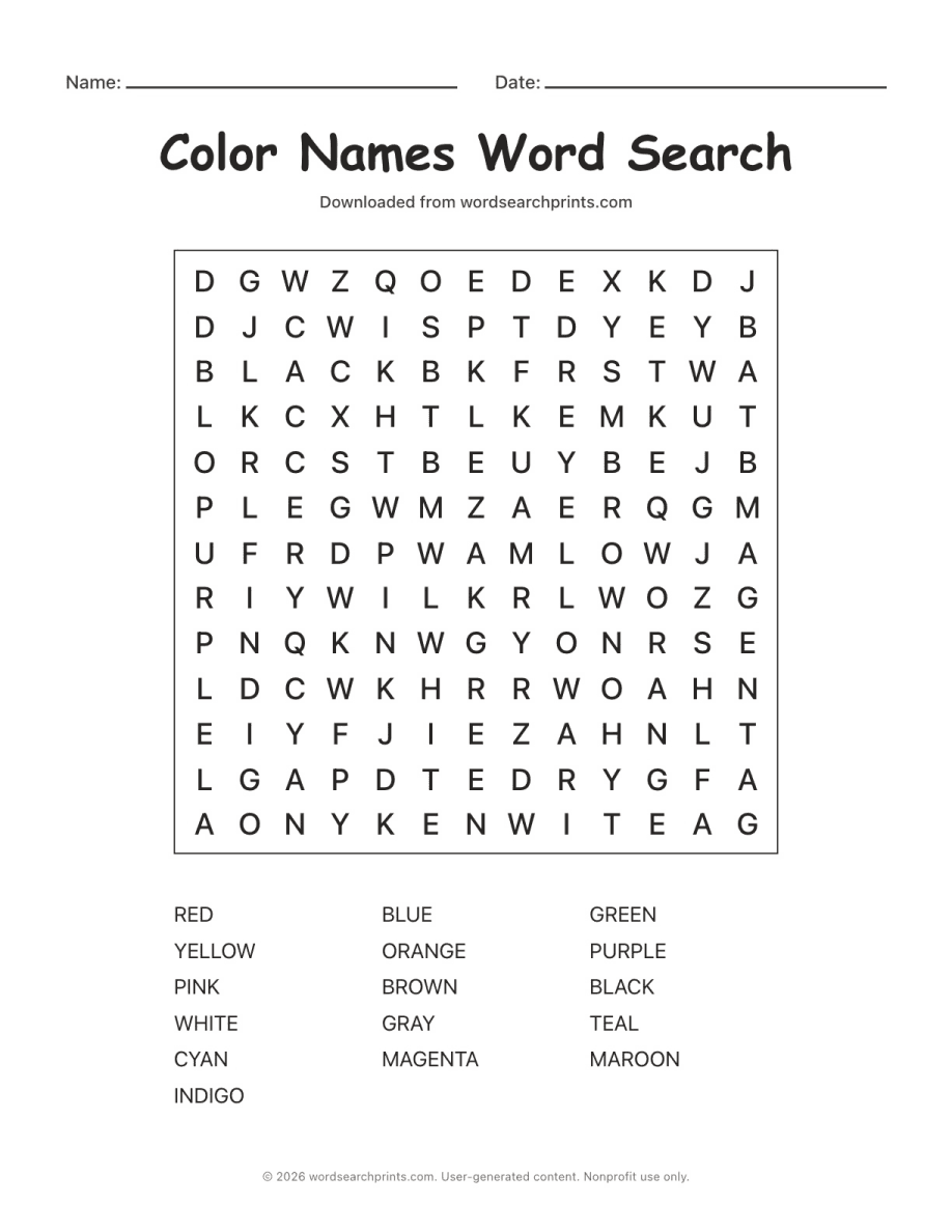 Color Names Word Search printable worksheet preview
