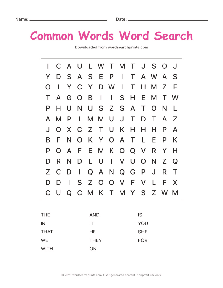 Common Words Word Search printable worksheet preview