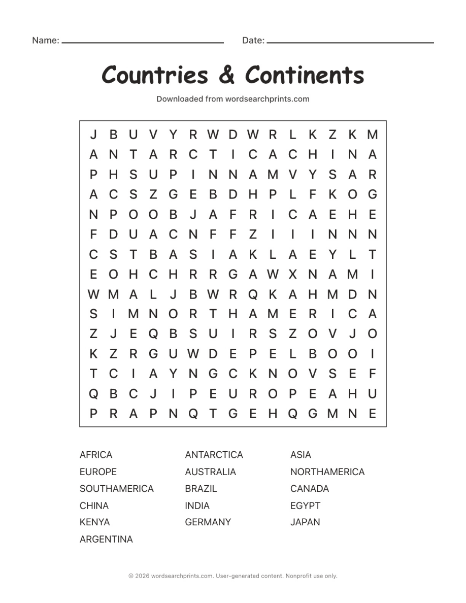 Countries & Continents Word Search printable worksheet preview