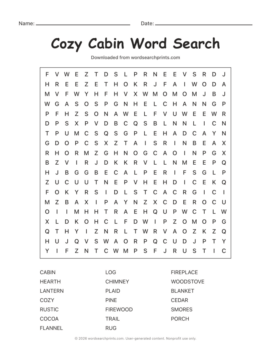 Cozy Cabin Word Search printable worksheet preview