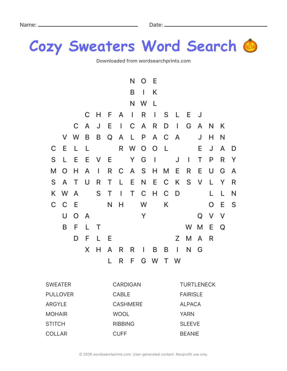 Cozy Sweaters Word Search printable worksheet preview