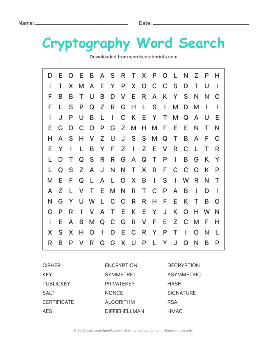 Cryptography Word Search printable worksheet preview