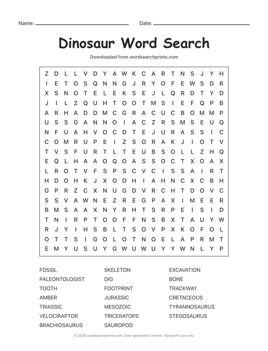 Dinosaur Word Search printable worksheet preview