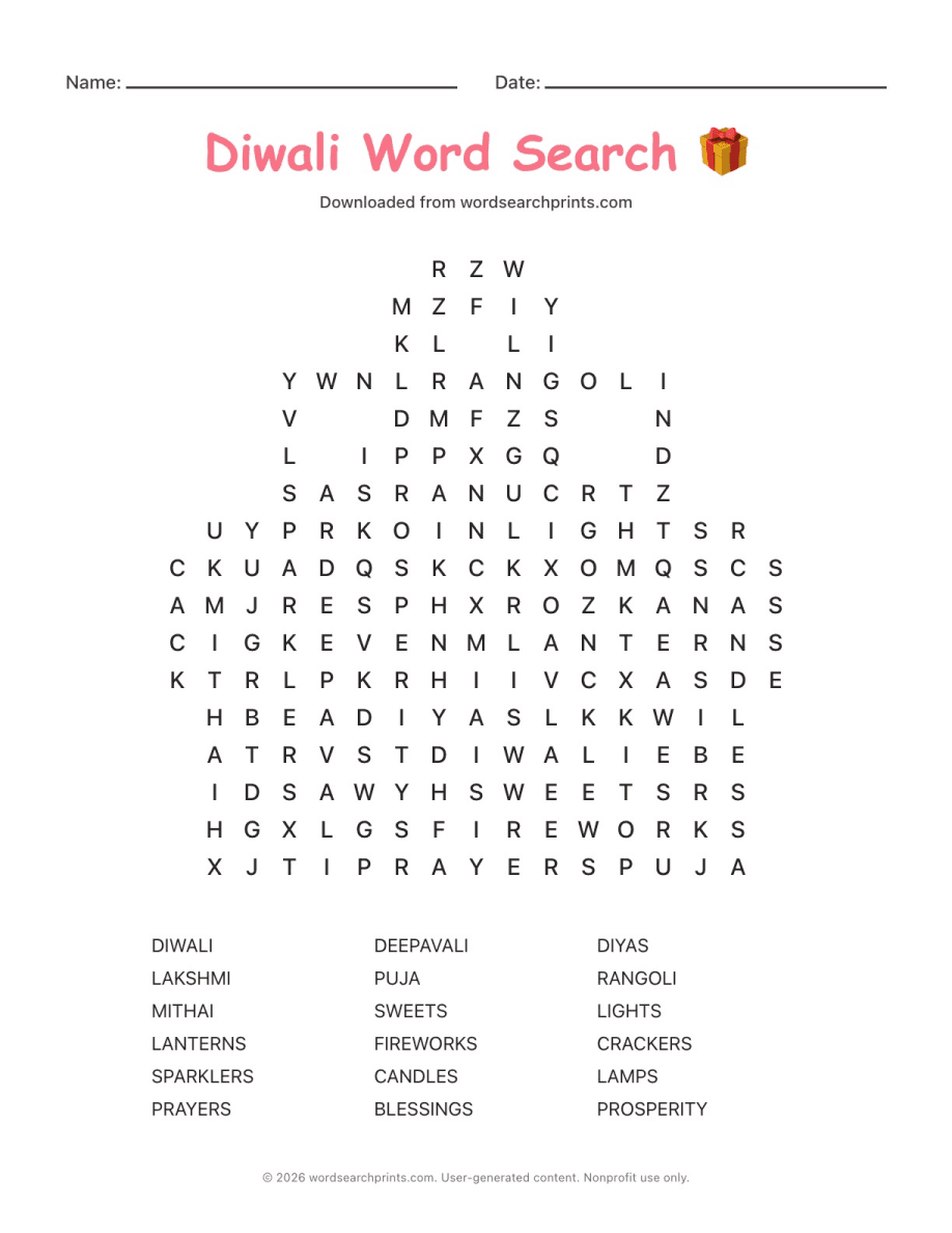Diwali Word Search printable worksheet preview