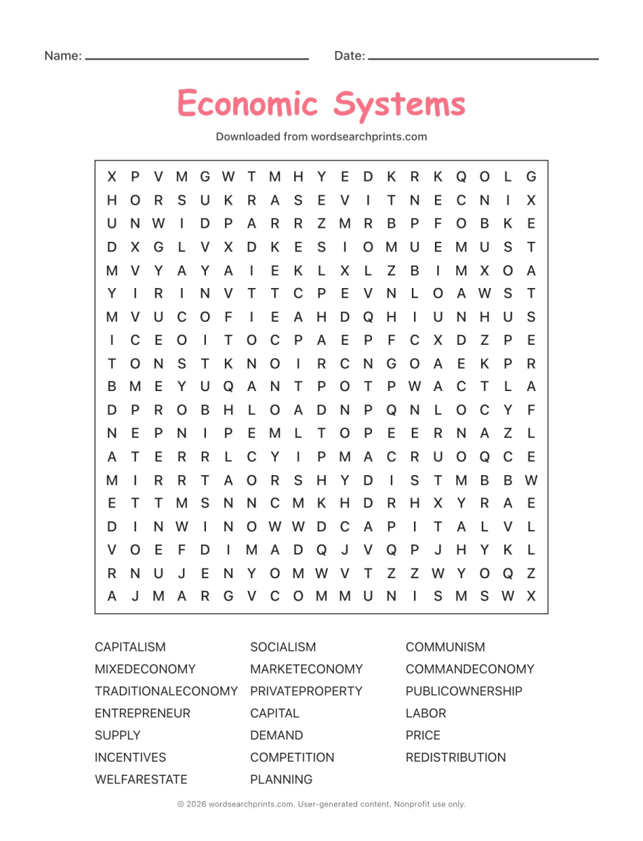 Economic Systems Word Search printable worksheet preview