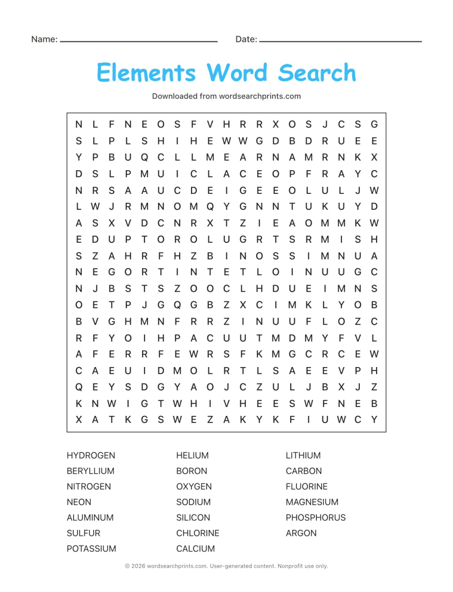 Elements Word Search printable worksheet preview