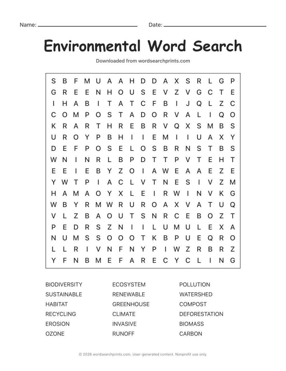 Environmental Word Search printable worksheet preview