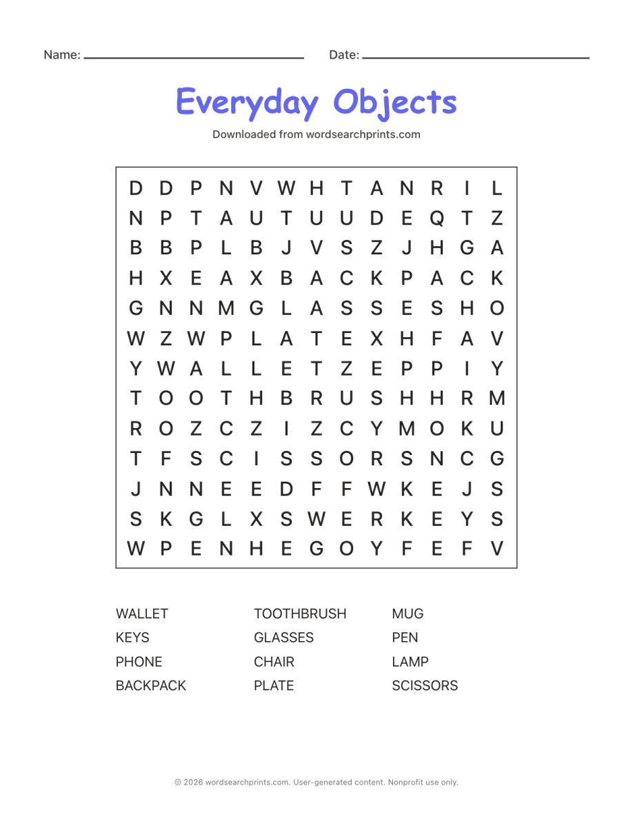 Everyday Objects Word Search printable worksheet preview